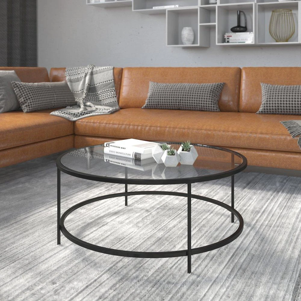 Flash Furniture Round Coffee Table - Modern Clear Glass Coffee Table with Matte Black Frame 2