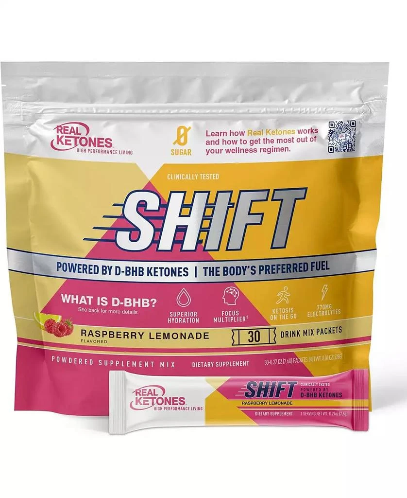 Real Ketones Shift Raspberry Lemonade Exogenous D BHB + Keto Electrolyte Powder, 30 Drink Mix Packets for Rapid Ketosis