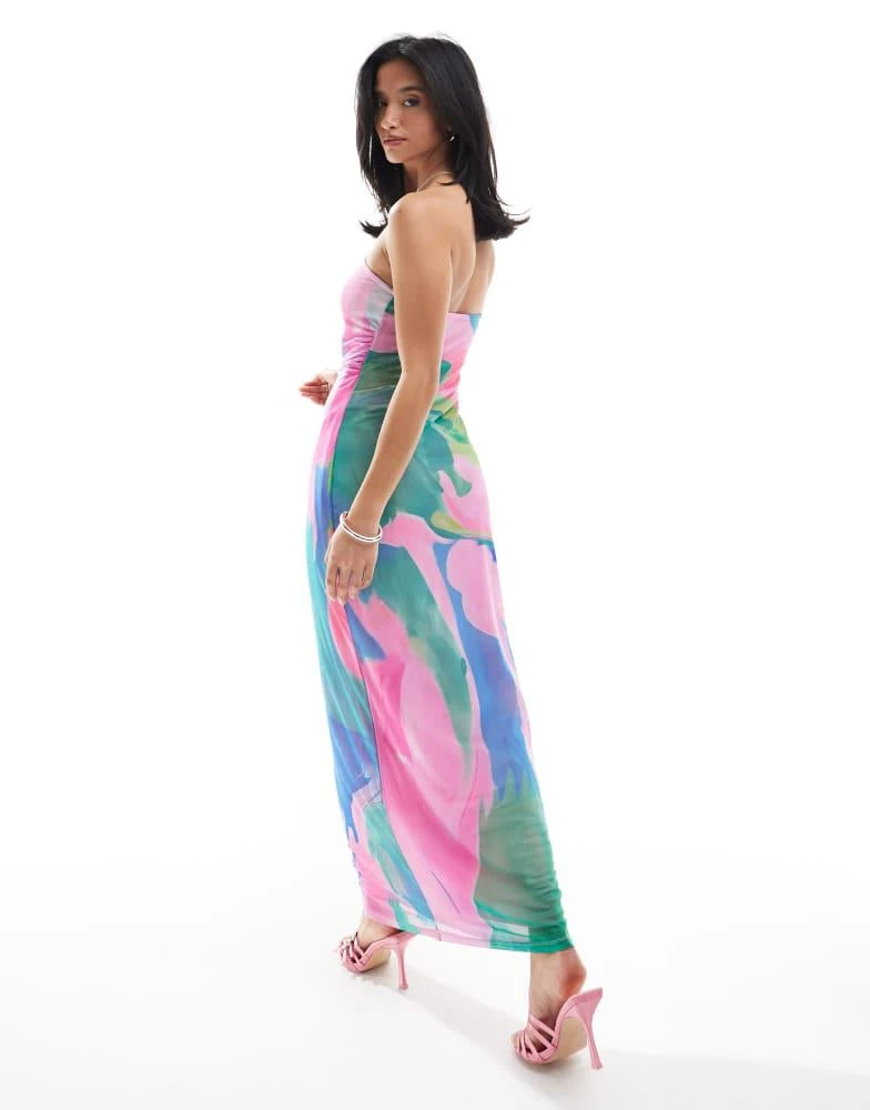 Vero Moda Petite Vero Moda Petite mesh bandeau maxi dress in pink and blue abstract 2