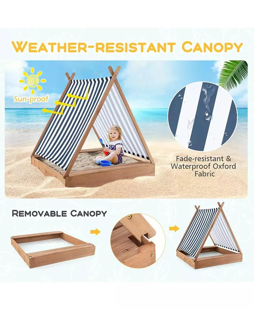 Costway Wooden Sandbox with Canopy Tent Design Fir Wood Frame 2 Bench Seats Bottom 4