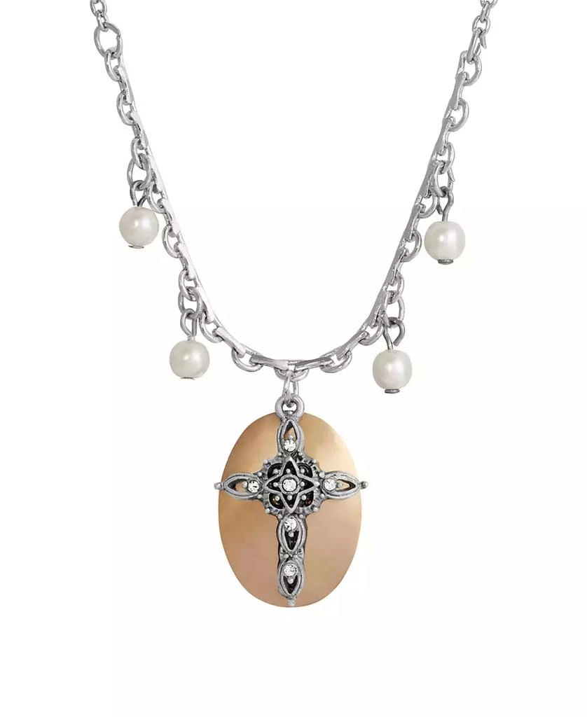 2028 Imitation Pearl Crystal Cross Pendant Necklace