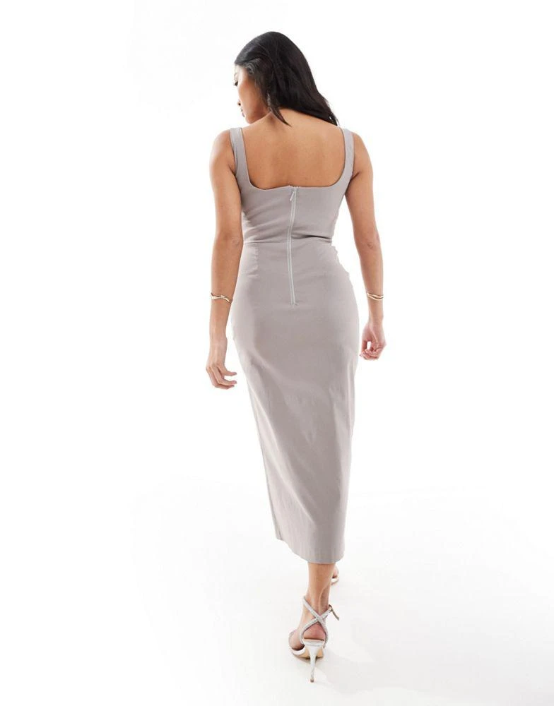 Vesper Petite Vesper Petite bengaline exclusive sleeveless bodycon thigh split midi dress in stone grey 2