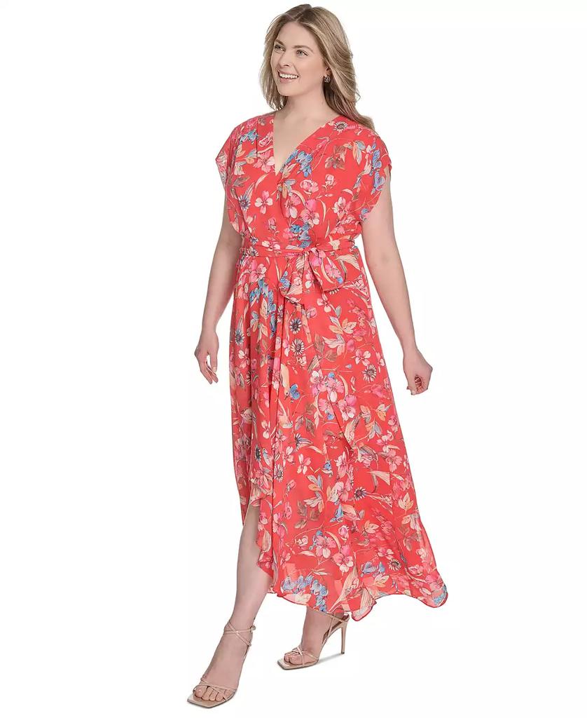 Eliza J Plus Size Printed V-Neck Faux-Wrap Chiffon Dress