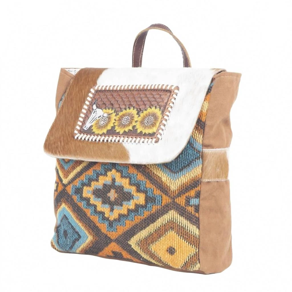 NEW MYRA BAGS women\'s primordial hand-tooled bagpack in multi Myra Bag Blue Feather Hand-Tooled Bag Upcycled Cotton  main image 3