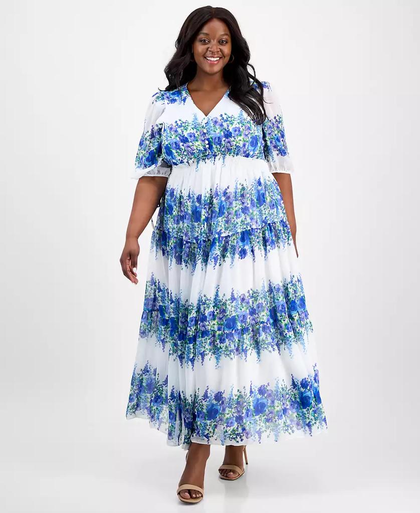 Taylor Plus Size Printed Tie-Sleeve Tiered Maxi Dress