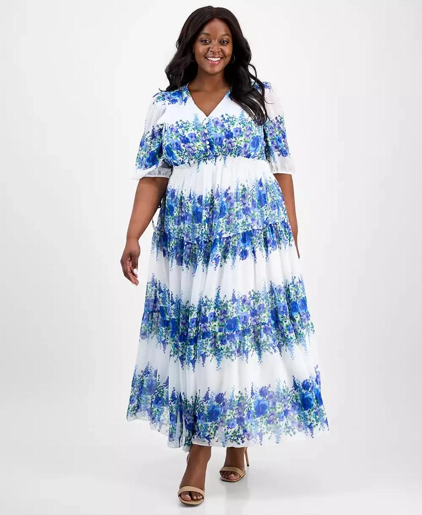 Taylor Plus Size Printed Tie-Sleeve Tiered Maxi Dress 1