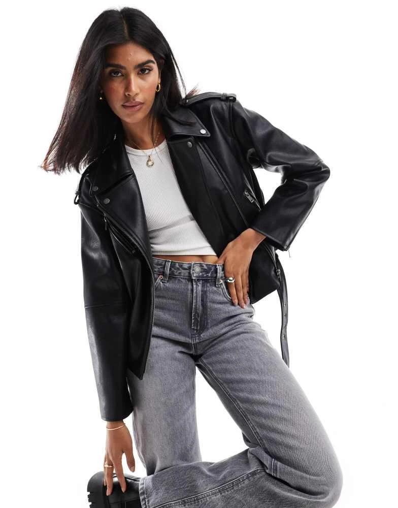 Stradivarius Stradivarius faux leather biker jacket in black 1