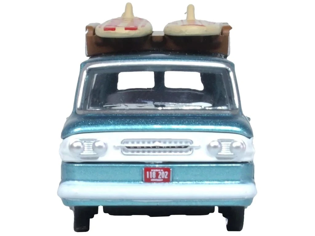Oxford Diecast 1961 Chevrolet Corvair Greenbrier Passenger Wagon Van Turquoise Metallic and Cameo White with Surfboards on Roof 1/87 (HO) Scale Diecast Model Car by 1