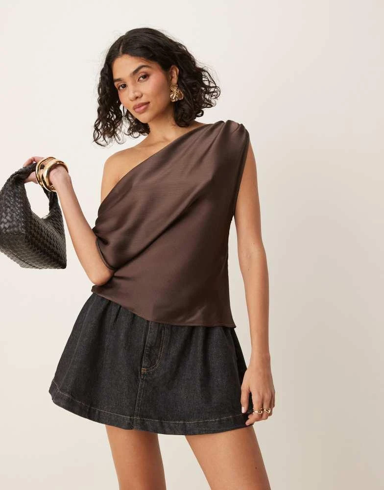 ASOS ASOS DESIGN chiffon draped off shoulder top in chocolate 1