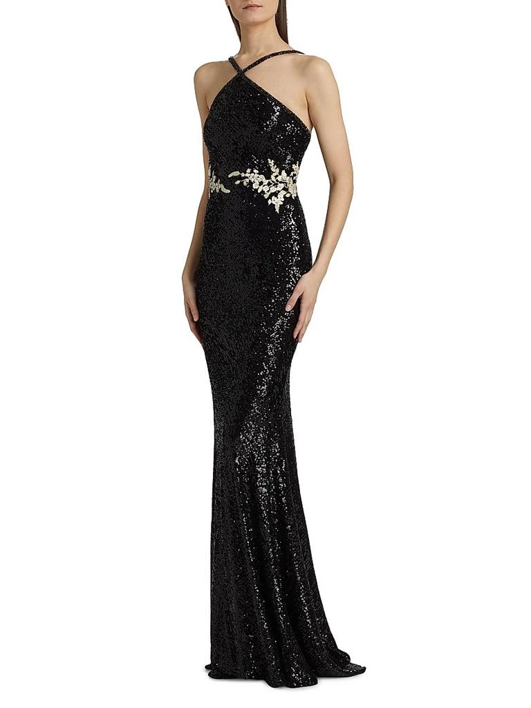 Naeem Khan Sequined Floral Appliqué Halter Gown 4
