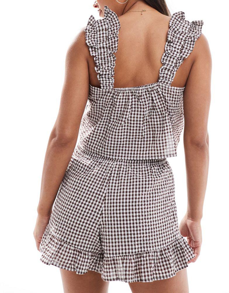 Luna Luna crinkle cotton frill sleeve cami and short set in brown check