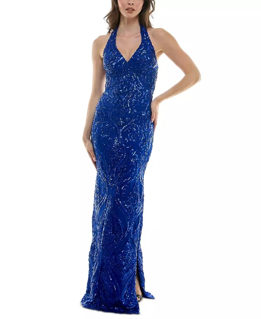 B Darlin Juniors' Sequined Halter V-Neck Open-Back Gown 1