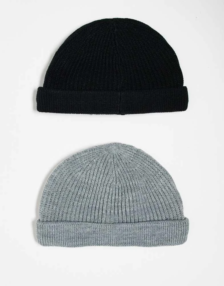 Only & Sons ONLY & SONS 2 pack fisherman beanie hats in black & grey melange 1