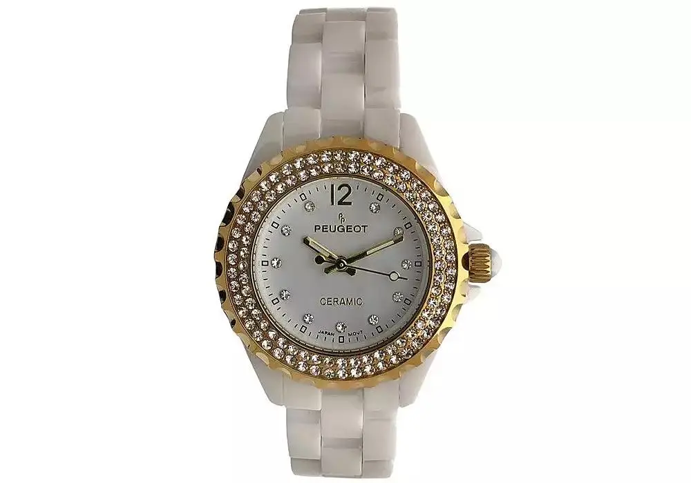Peugeot Women's 36mm White Ceramic Watch with Gold Crystal Bezel