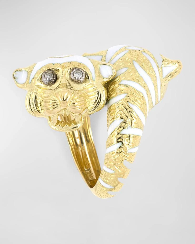 NM Estate Estate 18K Yellow Gold Twin Tiger's Head Twist Ring with Diamonds and Enamel, Size 6 3