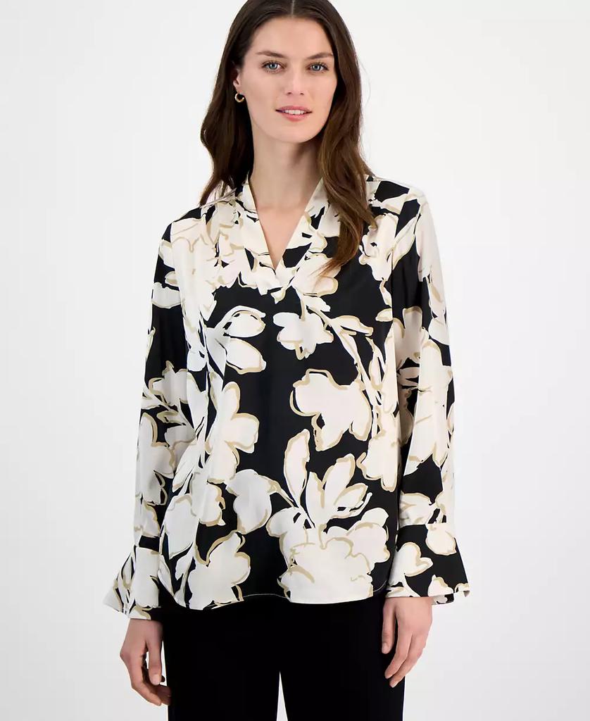 Anne Klein Petite Floral-Print Long-Sleeve V-Neck Blouse