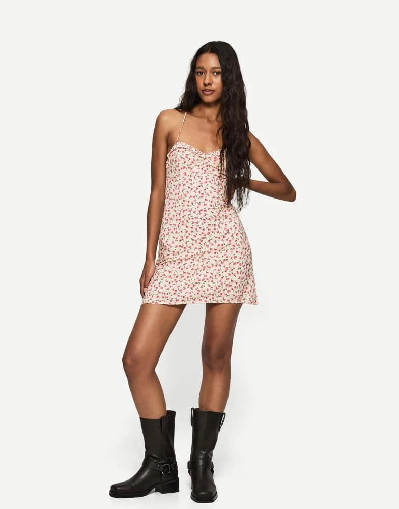 Bershka Bershka printed strappy mini dress in white 1