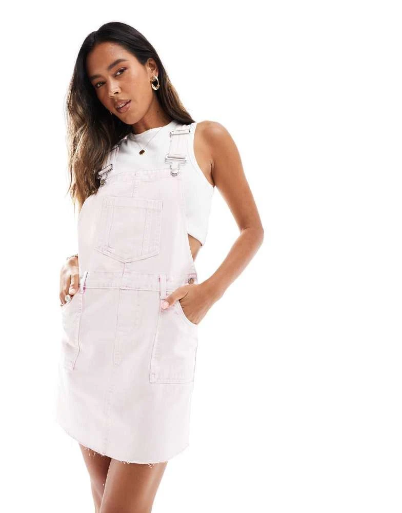 Miss Selfridge Miss Selfridge dungaree denim mini dress in light pink acid wash 1