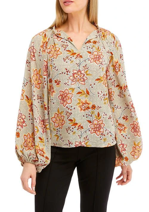 Grace Elements Elements Womens Long Sleeve Split Neck Printed Peasant Top 1