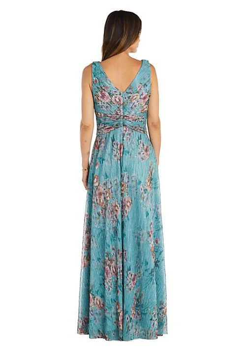 R & M Richards M Richards Long Crinkle Pleated Printed V Neck Dress With Mock Side Cascade Ruffle And Rouched Waist 3