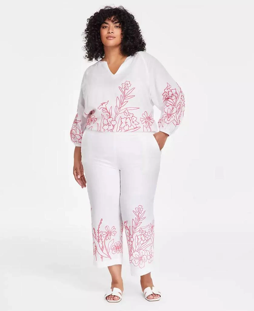 Charter Club Plus Size 100% Linen Embroidered Cropped Pants, Exclusively at Macy's 1