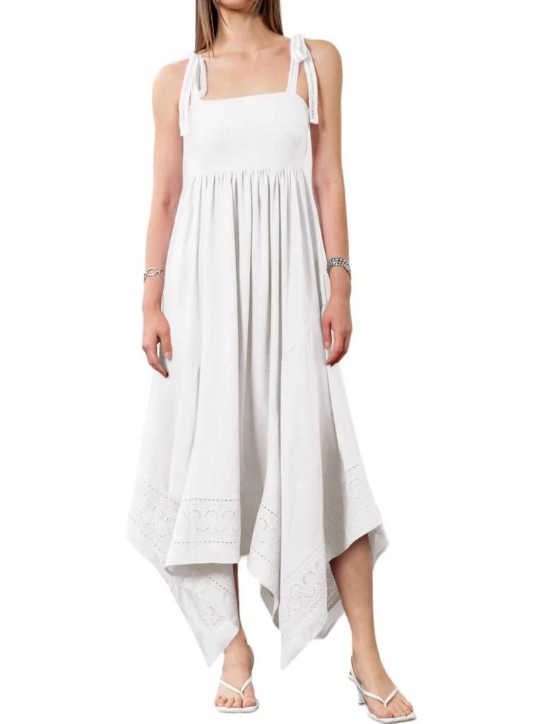Moon River Shoulder Tie Midi Dress In White 1