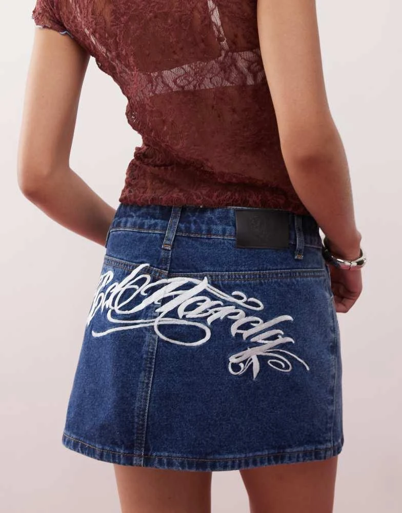 Ed Hardy Ed Hardy swallow side wash low rise denim mini skirt in washed indigo 5