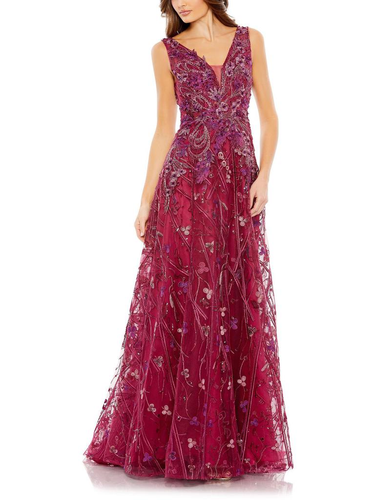 Ieena for Mac Duggal Womens Embellished Illusion Evening Dress