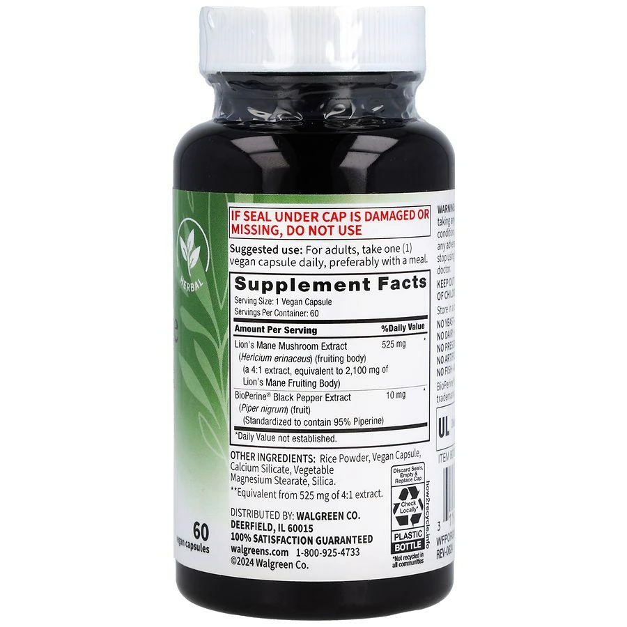 Walgreens Free 
Pure Lion
s Mane Mushroom Vegan Capsules 6