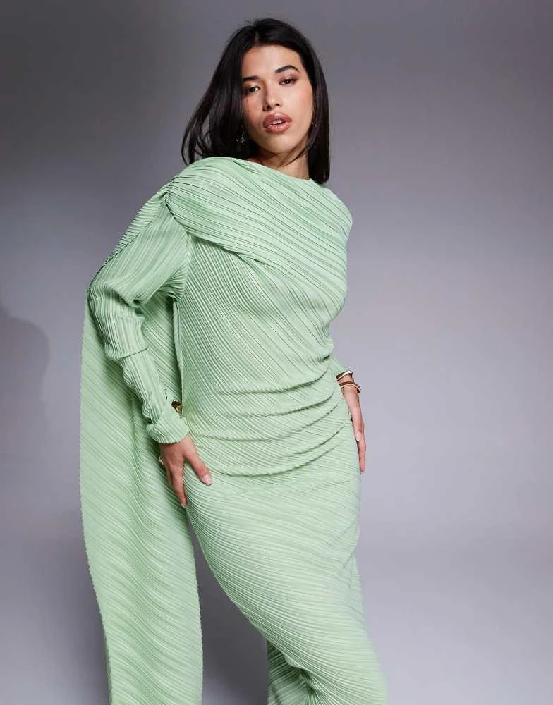 ASOS ASOS DESIGN plisse long sleeve drape detail maxi dress in mint green 4