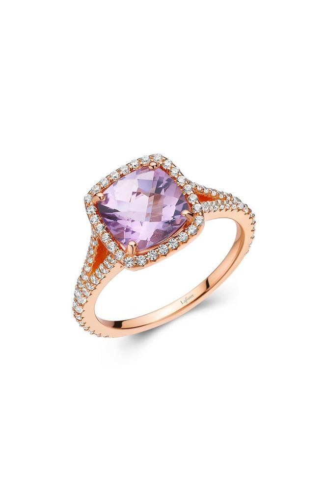Lafonn Rose Gold Plated Sterling Silver Cushion Cut Amethyst Simulated Diamond Halo Split Shank Ring