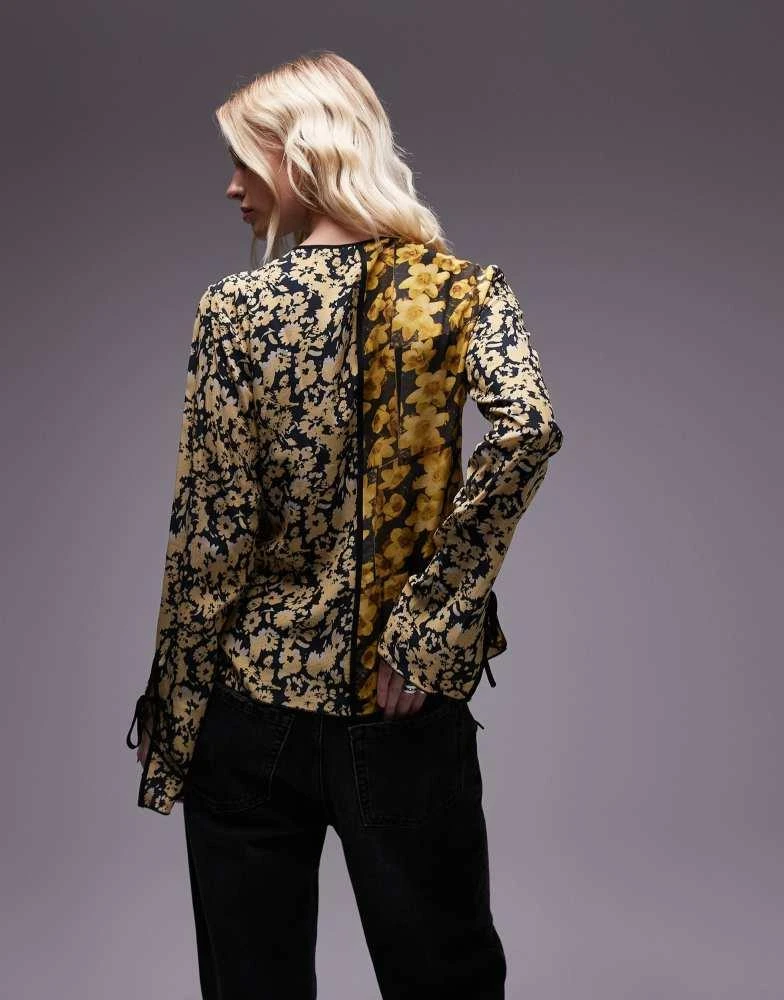 Topshop Topshop patchwork scarf print tie front bed jacket in yellow floral print 4
