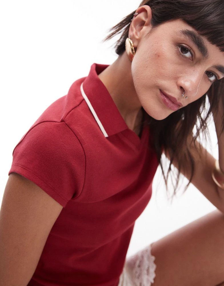 Topshop Topshop tipped shrunken polo top in red 1