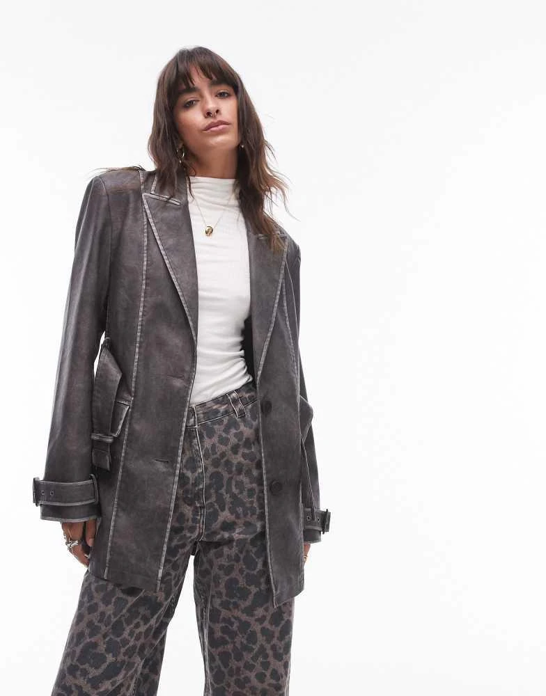 Topshop Topshop faux leather belted trench coat in washed black 3