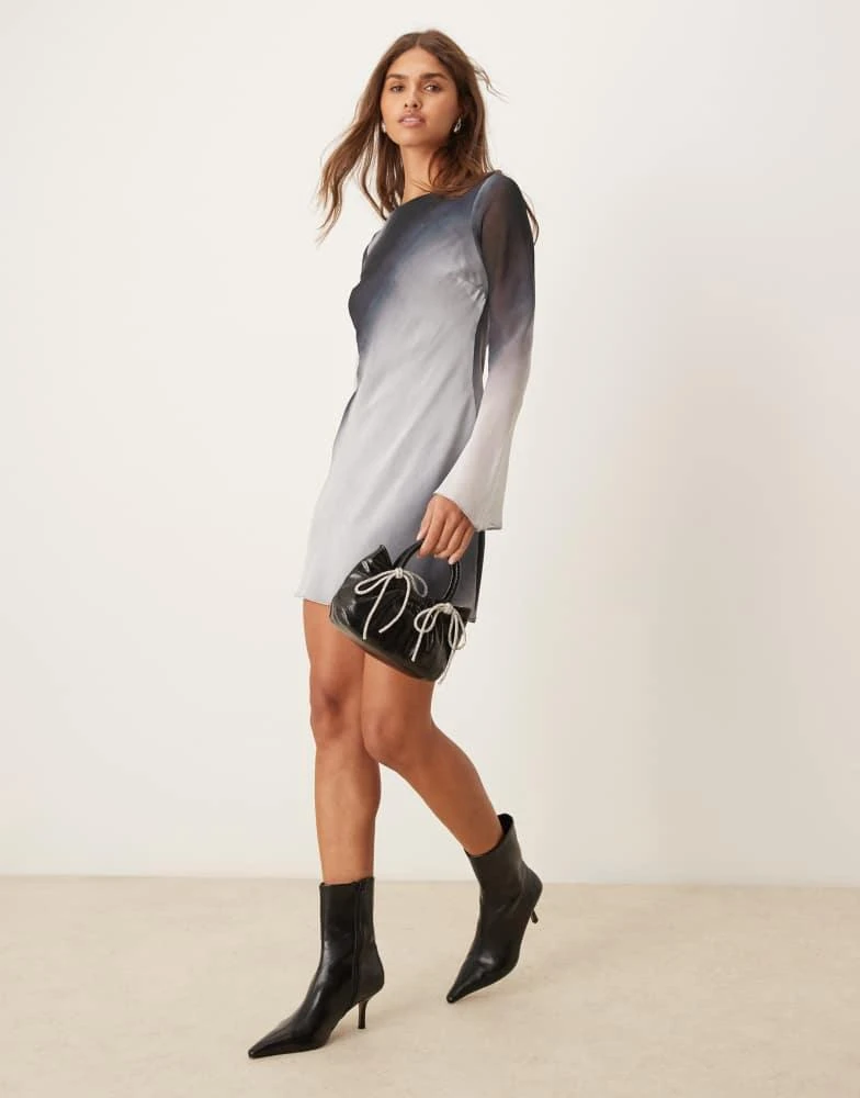 New Look New Look flare sleeve ombre chiffon mini dress in grey 4