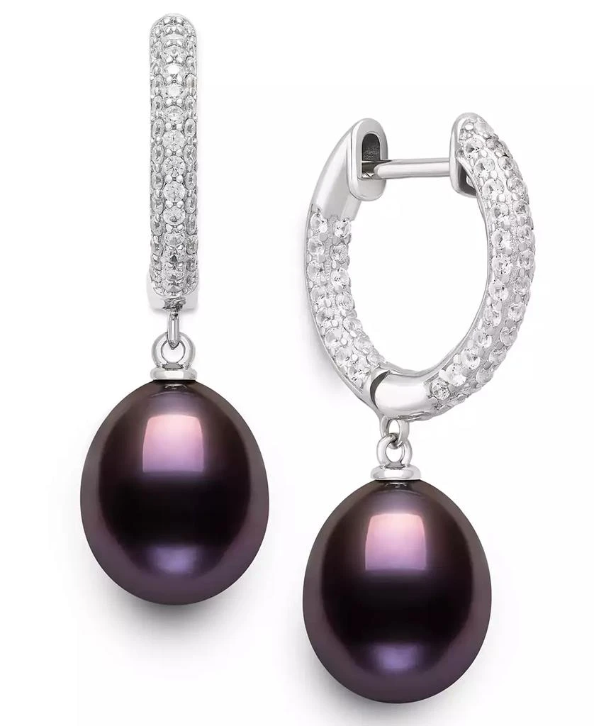 Belle de Mer Cultured Freshwater Peacock Black Pearl (10-11mm) and Lab Created Sapphire Drop Earrings in Sterling Silver