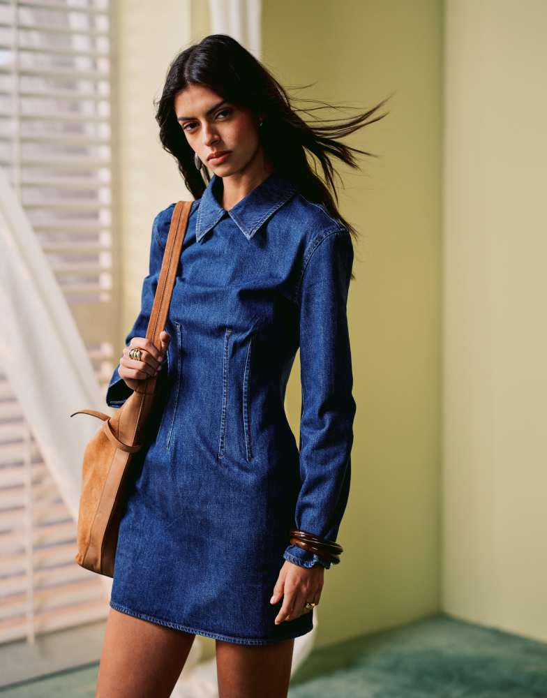 & Other Stories & Other Stories denim mini dress with corset waist and bold shoulders in mid wash blue
