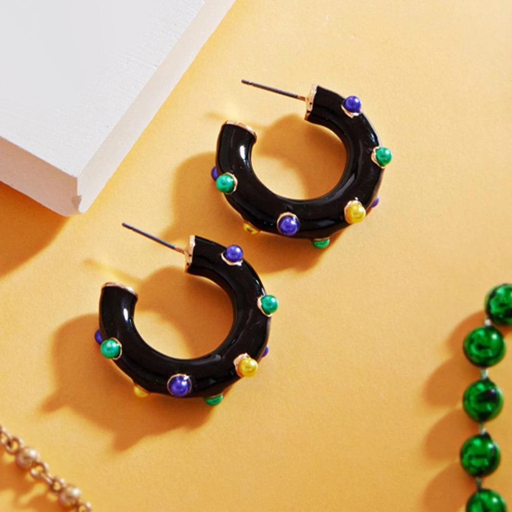 FASHNZFAB Mardi Gras Pearl Embellished Hoop Earrings