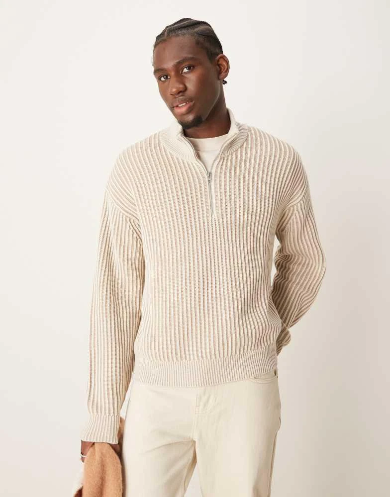 Abercrombie & Fitch Abercrombie & Fitch oversized half zip stripe stitch knit jumper in cream 1