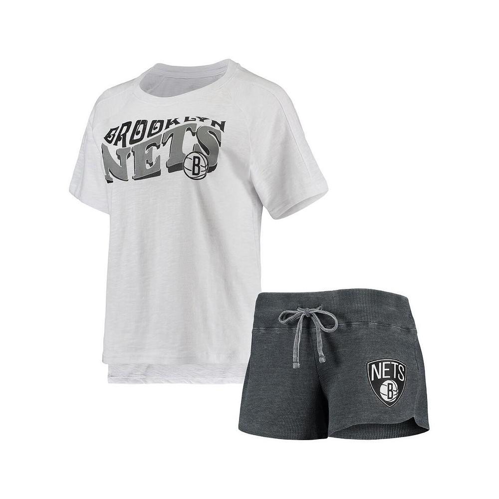 Concepts Sport Women's Charcoal, White Brooklyn Nets Resurgence Slub Burnout Raglan T-shirt and Shorts Sleep Set