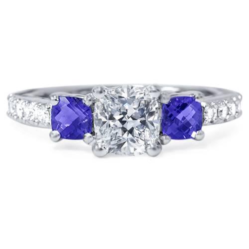 Pompeii3 3.25ct Cushion Diamond & Treated Blue Sapphire Engagement Ring 14k Enhanced