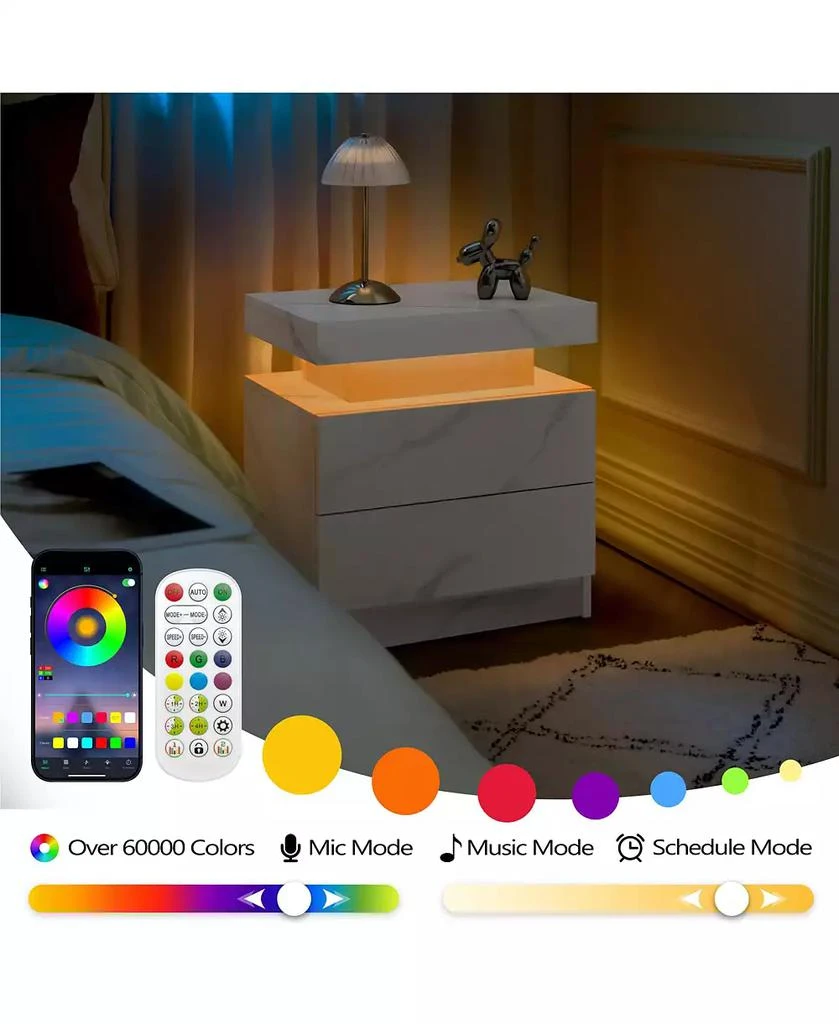 RAINSKEN LED Nightstand with 2 Drawers, Bedside Table Cabinet with Adjustable Color Lighting, Modern End Side Table 3