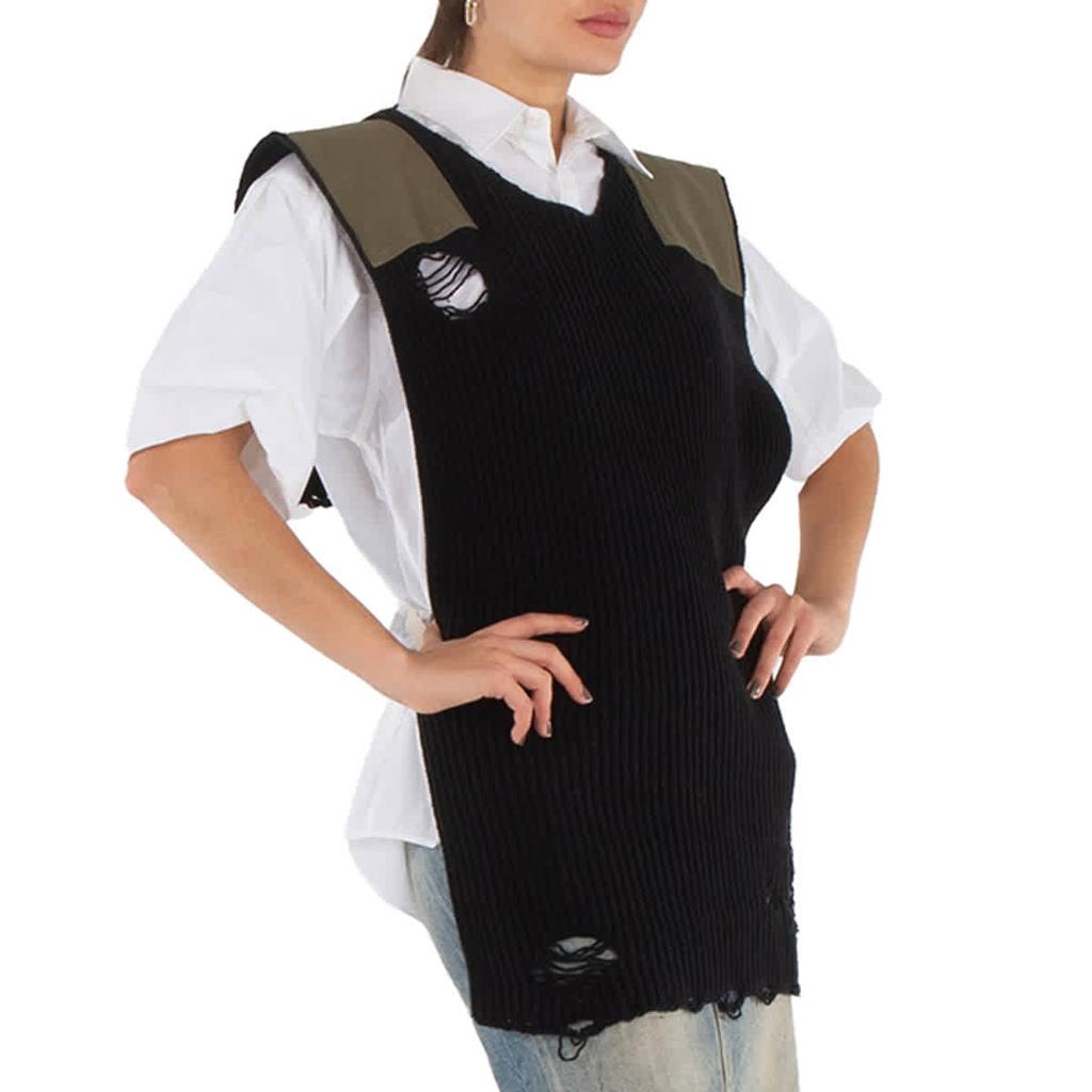 MM6 Mm6 Ladies Black Distressed Panelled Ribbed Vest, Size One Size