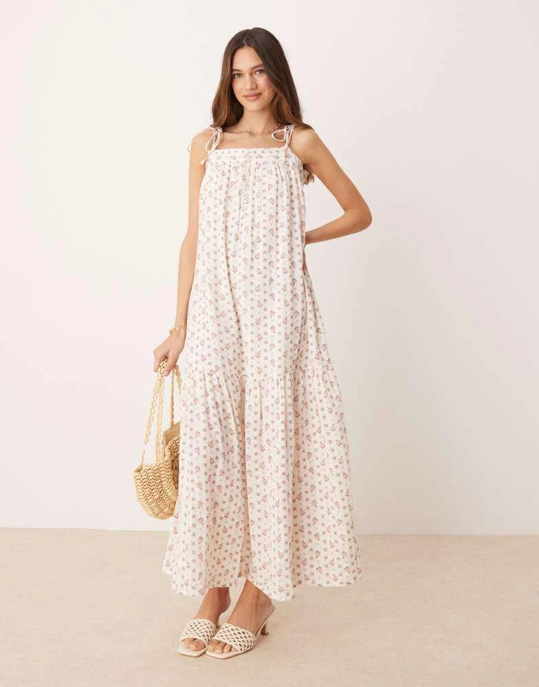 Shop YAS tie shoulder boho smock maxi dress in ditsy pink floral