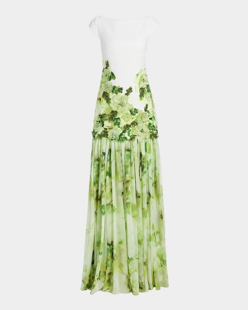 Badgley Mischka Floral Print Dropwaist Sheath Gown