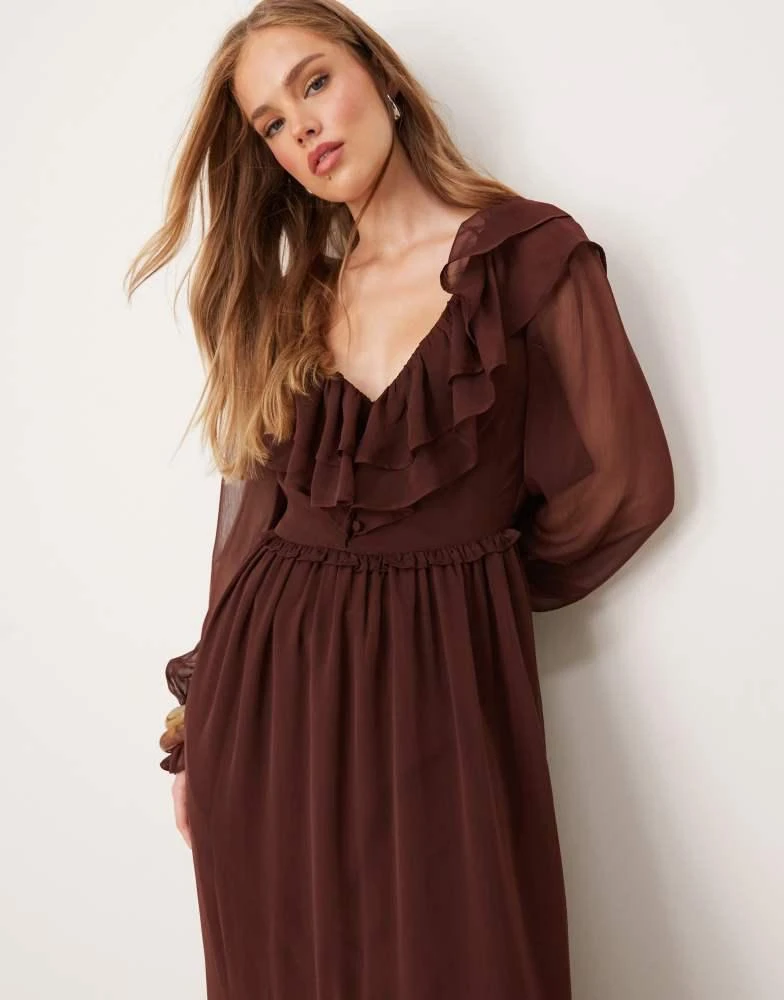 Miss Selfridge Miss Selfridge long sleeve ruffle detail maxi dress in chocolate 2