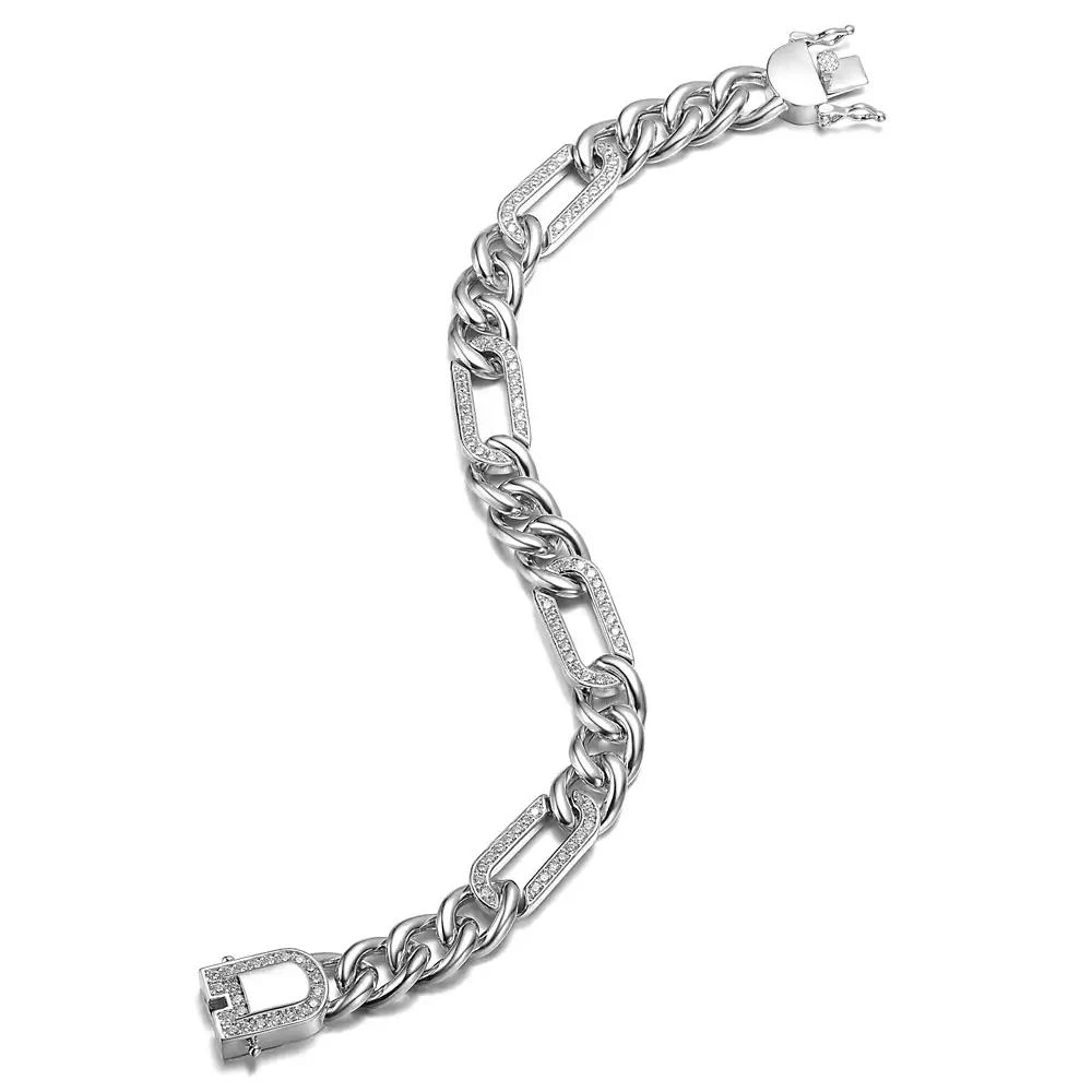 Genevive Men
s Sterling Silver White Gold Plated with Iced Out Cubic Zirconia Paper Clip Curb Chain Bracelet 2