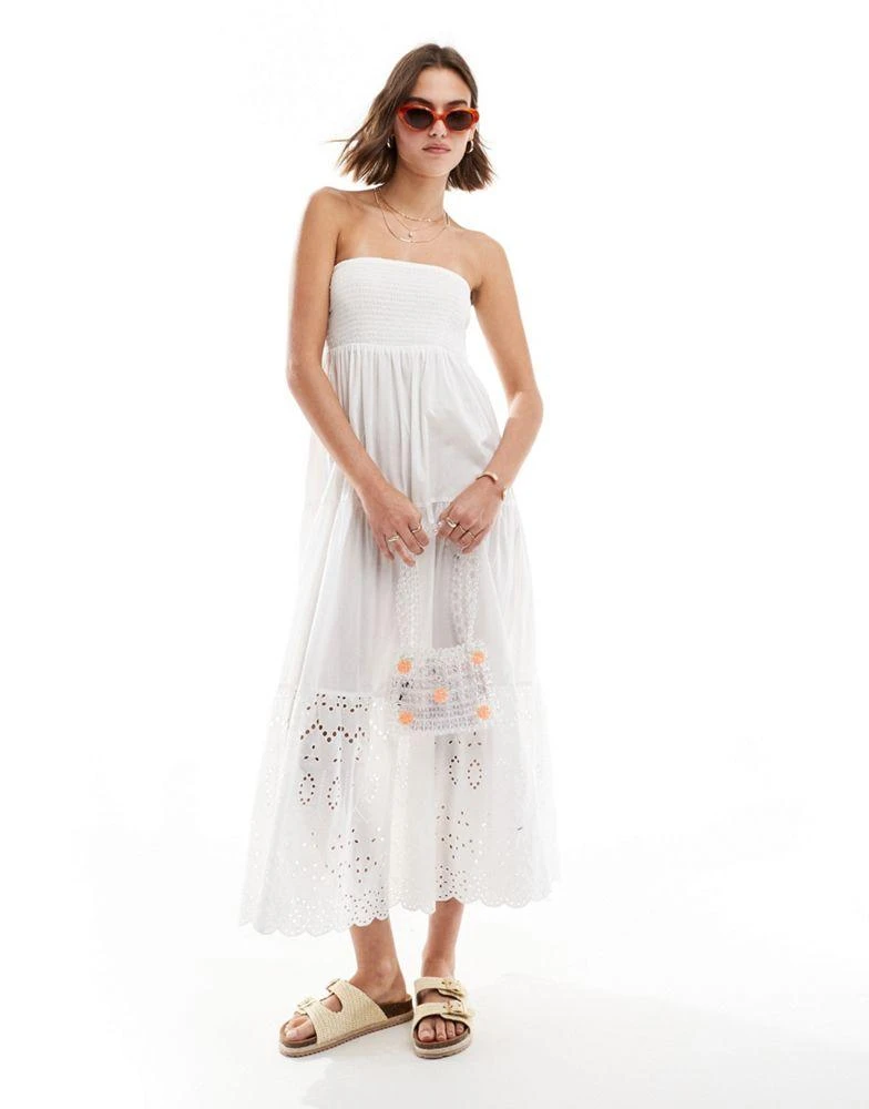 New Look New Look shirred bandeau broderie maxi dress in white 1