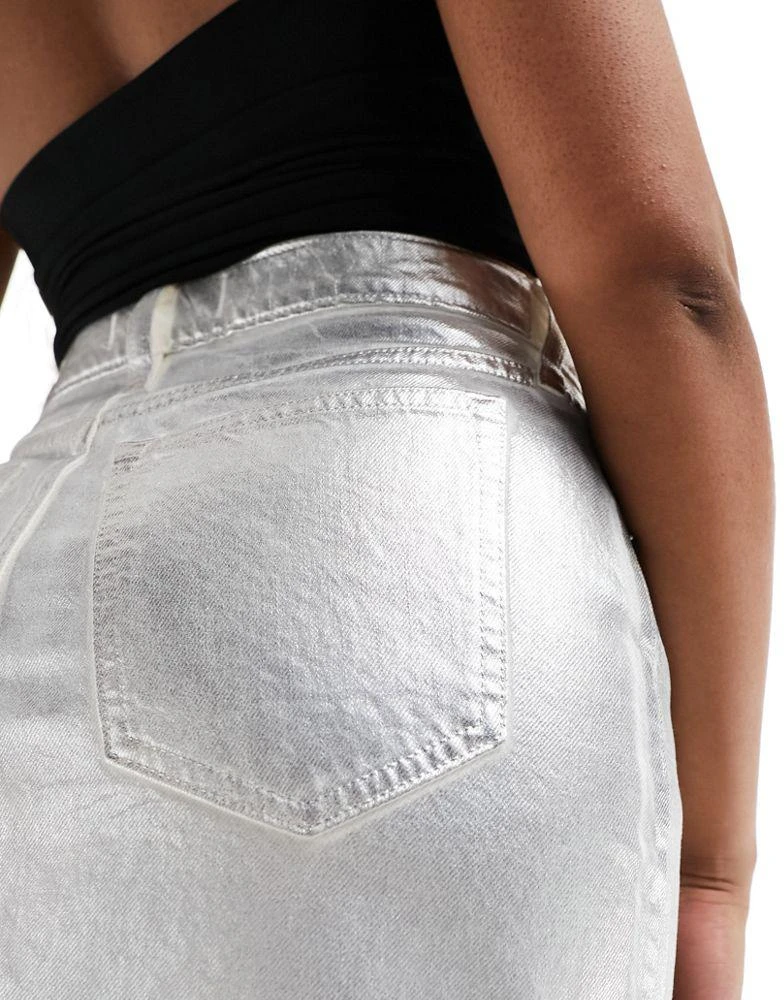 Abercrombie & Fitch Abercrombie & Fitch metallic denim midi skirt with front split in silver 2