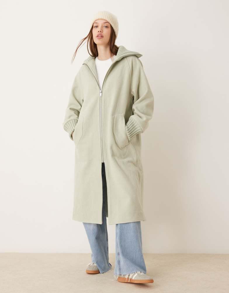 ASOS ASOS DESIGN knit collar longline coat in sage